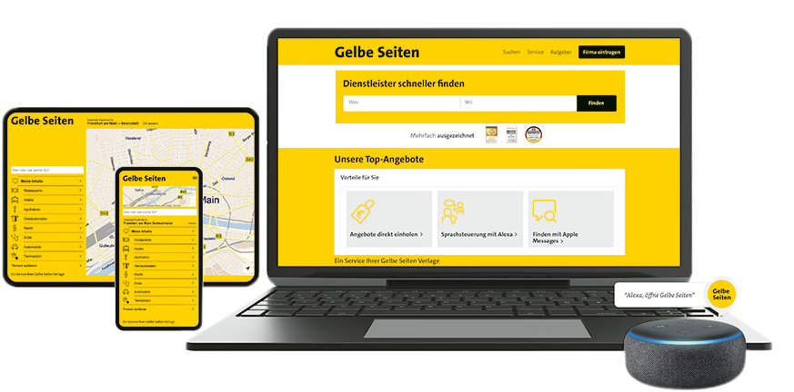 Darstellung der Gelbe Seiten Produkte Printausgabe, gelbeseiten.de auf dem Tablet, Gelbe Seiten App und Alexa Sprachassistent