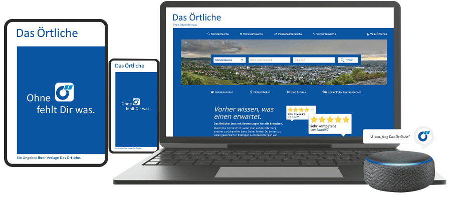 Darstellung der Das Örtliche Produkte Printausgabe, dasoertliche.de auf Laptop und Tablet, Das Örtliche App und Alexa Sprachassistent