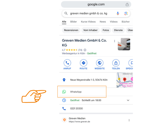 Screenshot eines Google Business Profils, auf dem die neue Integration des WhatsApp-Buttons farblich hervorgehoben ist.